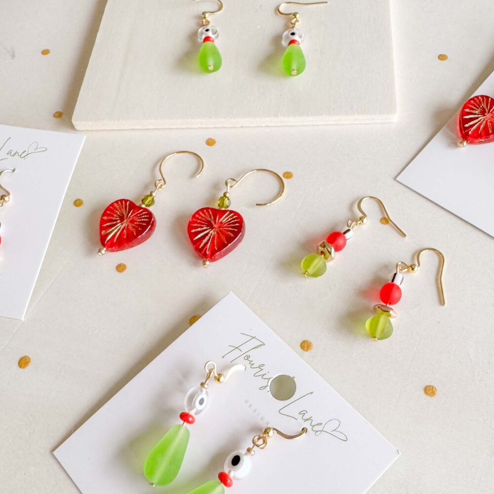 Colourful Beaded Drop Earrings Red Lime Green Gold | Funky Jewellery - Picture 3 of 6